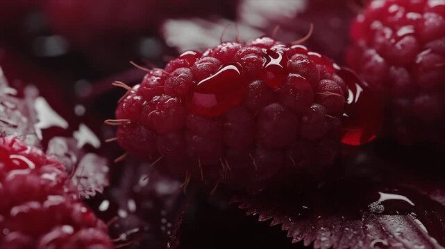 Close-up of juicy raspberries with droplets of liquid
