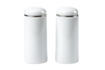 Two white cylindrical containers with silver bands and rounded lids isolated on a transparent background