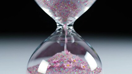 Hourglass with pink, blue and yellow sprinkles slowly falling. Black and white background. Macro photography - Powered by Adobe
