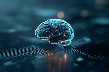 Artificial intelligence brain floating over circuit board, futuristic technology