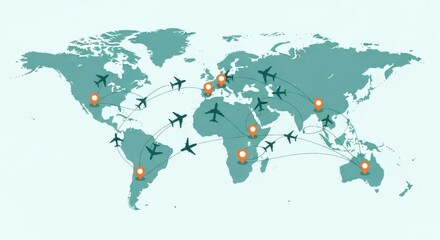 A world map displays global flight routes connecting various continents with airplanes and destination markers