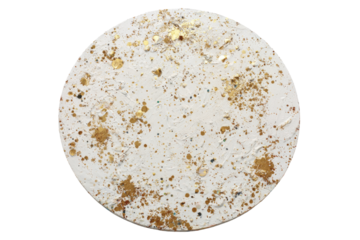 Circular, textured, light cream-colored artwork with gold flecks