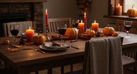 Warmly lit rustic dining table set for a fall feast, adorned with pumpkins, candles, cinnamon sticks, wine glasses, and autumnal foliage.  A cozy blanket drapes a chair