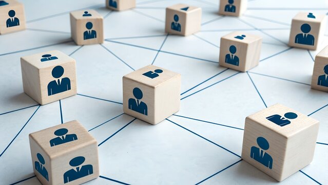 Wooden blocks with blue person icons connected by lines – Social network, organizational structure, team connections, relationship mapping, abstract communication, business system