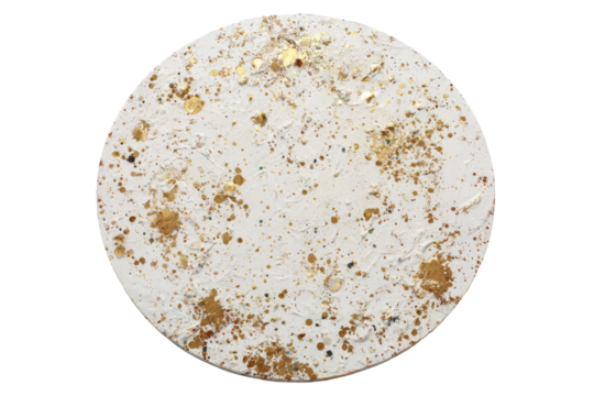 Circular, textured, light cream-colored artwork with gold flecks