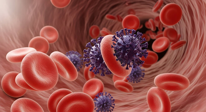 Intricate Microview Of Human Bloodstream Showing Red Blood Cells Interacting With Viruses And Immune Response Mechanisms In Action