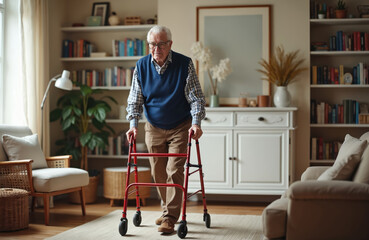 Elderly man with disability walks with walker in home. Senior caucasian male uses walking aid for mobility. He wears casual clothes in a cozy apartment living room, recovering from illness.