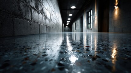 Fototapeta premium Industrial corridor illuminated by lights with sleek concrete flooring