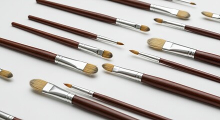 An array of brown-handled paintbrushes with silver ferrules scattered across a white, neutral-toned surface