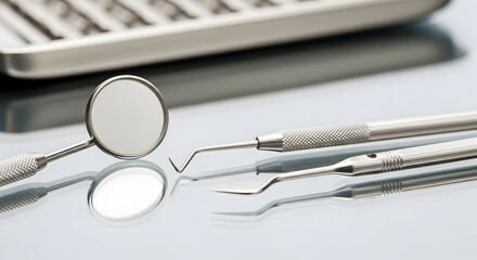 Intricate Dental Tools Displayed on a Reflective Surface for Oral Care, Including Mirror, Explorer, and Scaler Instruments in a Dental Clinic Setting
