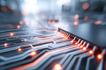 Futuristic circuit board pulsating with orange energy, technology of tomorrow