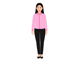 Illustrated professional woman with long dark hair wearing a pink buttonup shirt and black pants standing front view.