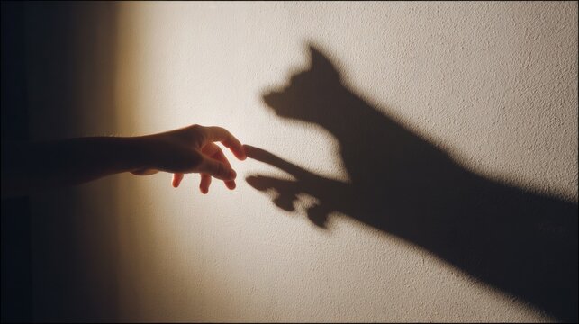 Hand Shadow and Connection: A hand reaches out to interact with the shadow of a pet, a creative depiction of unity, companionship, and the silent communication between human and animal.