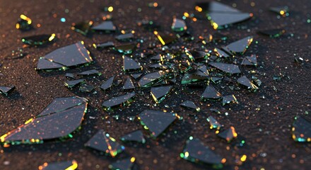 Dark, glittering shards scattered on a rough surface, reflecting colorful specks of light