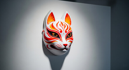 kitsune mask with a cheerful expression is hung on a white wall, softly lit to highlight its intricate details