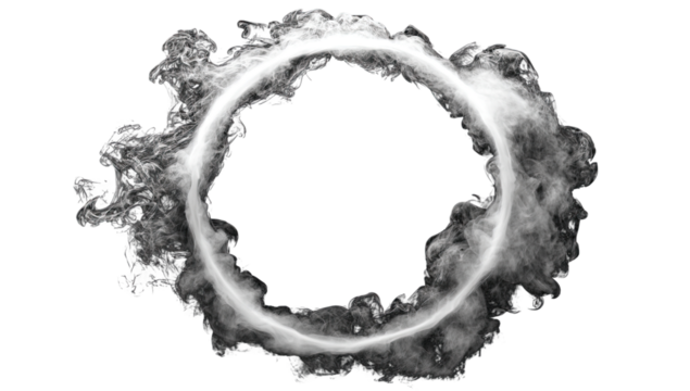 A circular frame of white smoke or vapor against a black background.  The smoke forms a complete ring, with textured, wispy edges