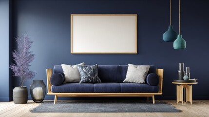 Cozy Blue Room: A modern and inviting interior scene, showcasing a navy blue wall with a framed, blank picture, a comfortable couch, and tasteful decor elements.