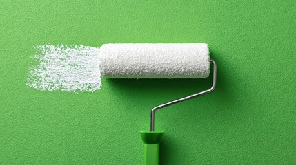 Obraz premium Transformative Touch: A paint roller meticulously applies a fresh coat of paint onto a vibrant green surface. This image captures the essence of home renovation. 