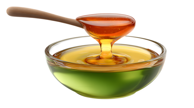 Honey dripping into bowl 3d rendered, isolated on transparent background