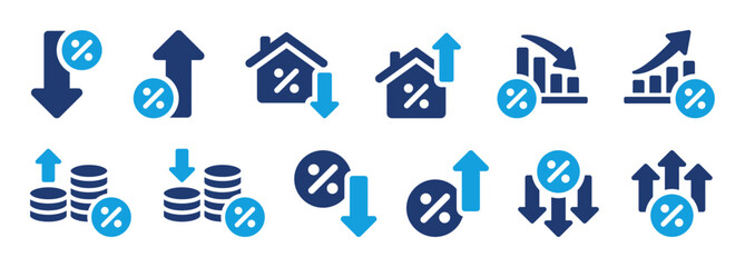 Low and high interest rate icon set. Percentage, growth, decline, mortgage, loan and finance symbols with up and down arrows for banking and economy. Solid vector icons collection.