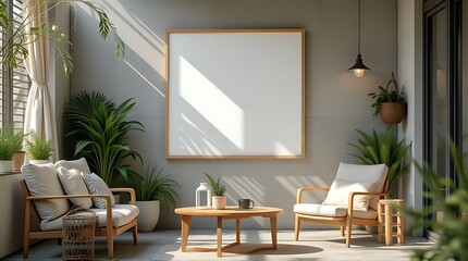 Bright, sunlit patio with modern furniture, lush green plants, and a large blank canvas frame on the wall.