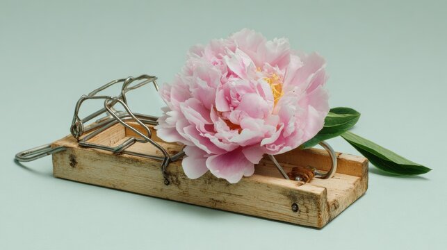 Deceptive Beauty: A delicate peony flower rests precariously on a traditional mousetrap, highlighting the deceptive allure of beauty and potential peril.