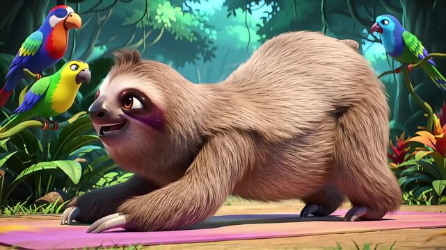 Adorable Animated Sloth Practicing Yoga on a Pink Mat in a Vibrant Tropical Jungle with Colorful Parrots Observing
