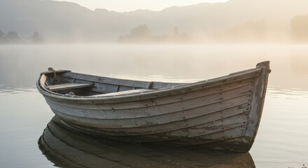 A weathered wooden rowboat sits serenely on a misty lake at dawn, its reflection mirrored in the calm water, mountains faintly visible through the fog in the background