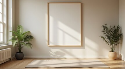 Interior view of a bright room featuring a blank framed poster, two potted plants, and sunlight streaming through a window.