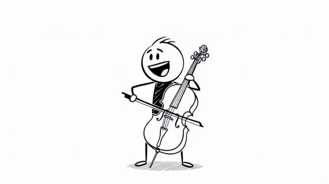 Animated Stick Figure Expressively Playing Cello Through Various Emotional Stages on White Background Perfect for Musical Education and Emotional Storytelling Concepts Isolated