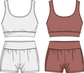 Women’s activewear mockup, sports bra and shorts, fitness clothing template, fashion vector illustration, workout outfit design, editable apparel mockup, athletic wear,