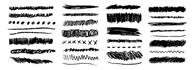 Obraz premium Black grunge brush stoke set. Hand drawn crayon wavy, zigzag, dash line collection. Wet or dry pastel pencil doodle scribble bundle. Vector rough chalk charcoal sketch scrawls, waves and zig zag