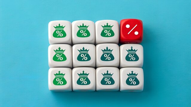 Financial Risk and Investment Strategy Concept – Twelve White Dice with Green Money Bag Symbols and One Red Die with Percentage and Division Icons on Blue Background, Portfolio Diversification, Risk A