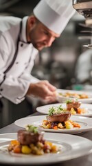 A Chef Serving a Plate of Food on a Room Service Cart