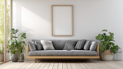 Cozy Interior: A modern living space invites tranquility, with a comfortable grey sofa set against a sleek, neutral wall. The room is tastefully adorned with potted plants.