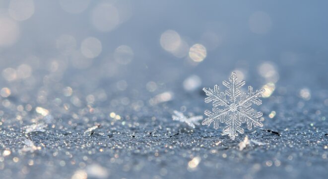 A close-up captures intricate details of a lone snowflake amidst a blurred, icy background, showcasing winter's delicate beauty
