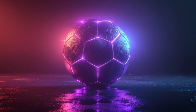 3D futuristic soccer ball with neon LED lights and holographic effects on cyberpunk background - digital sports technology and virtual reality gaming concept