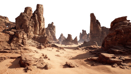 Fototapeta premium Desert landscape with towering rock formations. Sand-filled valley, pale rock, sharp, light-toned