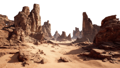 Desert landscape with towering rock formations.  Sand-filled valley,  pale rock,  sharp,  light-toned