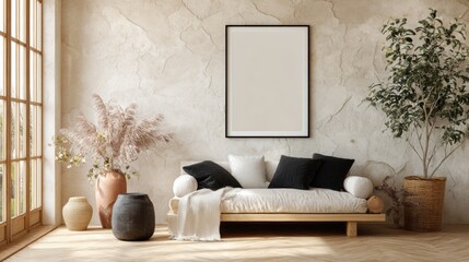 Serene Living Room Interior: A tranquil interior scene featuring a contemporary design, a minimalist aesthetic, and an inviting ambiance. Includes a blank picture frame.