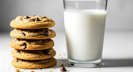 Classic chocolate chip cookies stacked high next to a tall glass of milk
