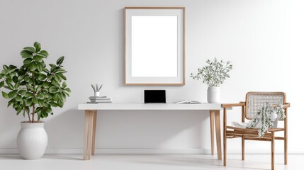 Minimalist Workspace with Artwork Displayed: A bright, minimalist workspace featuring a modern wooden desk, a comfortable chair, a potted plant, a vase with flowers, a tablet, and a framed artwork.