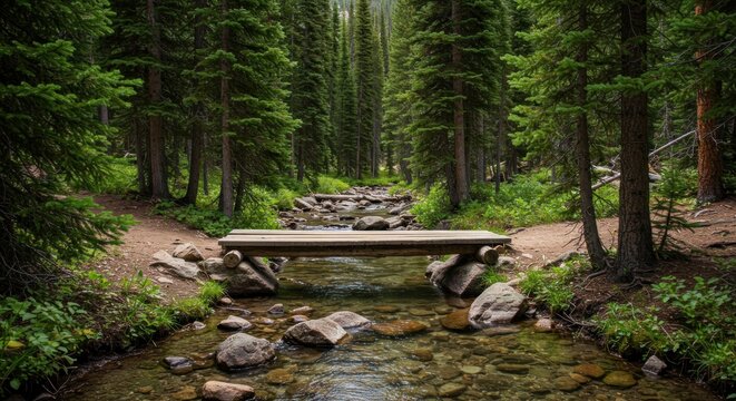 A tranquil forest scene. A small wooden bridge spans a clear, rocky stream. Towering evergreens flank the path, creating a verdant tunnel