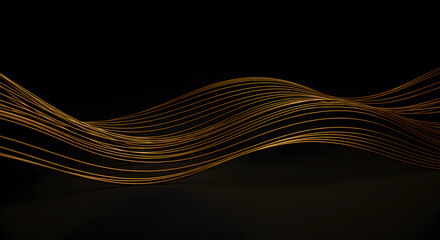 Abstract golden waves flowing on a black background, a concept of modern luxury and elegant design.