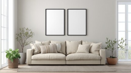 Interior design: Two minimalist art frames adorn a cozy living space, centered above a plush sofa. The room is flooded with natural light, exuding an air of tranquility and minimalist elegance. 