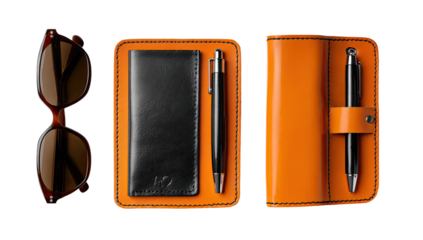 Orange leather case set, sunglasses, pen