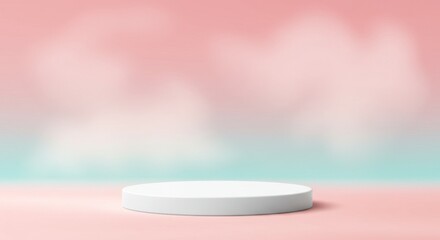 A pale, round, white pedestal sits on a soft pink and teal gradient background