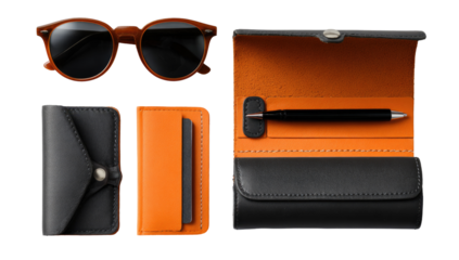 Stylish accessories in dark gray and orange leather.  A pair of round sunglasses, a small envelope-style wallet, and a pen case are arranged on a black background