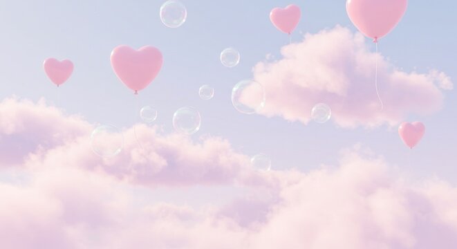 Pastel pink heart balloons and bubbles float in a dreamy sky filled with fluffy clouds