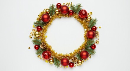 Flatlay realistic photo of red and gold Christmas ornaments, pine branches, and tinsel arranged in a circle pattern on white background, aspect ratio 16:11